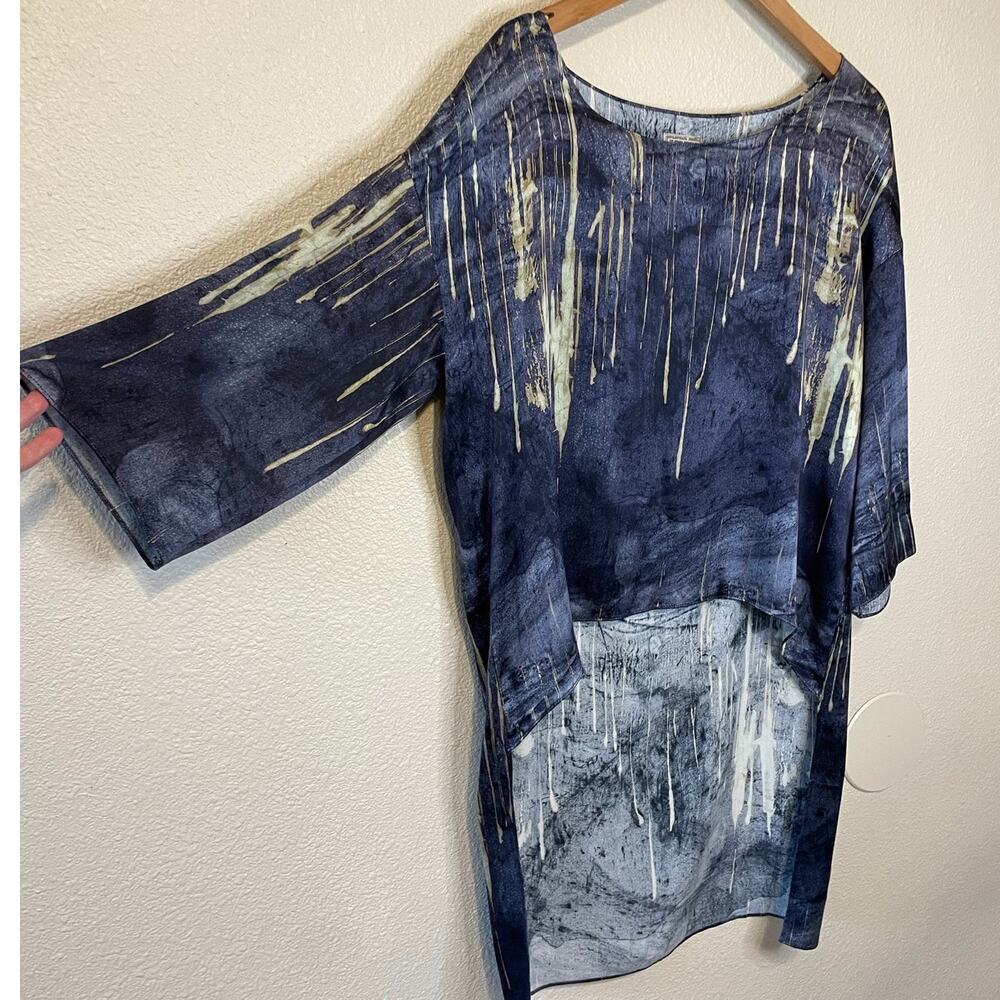 Go by Go Silk Boho Hi Low Deep Blue Abstract Design 3/4 Sleeve Square Cut Top M - Picture 6 of 11